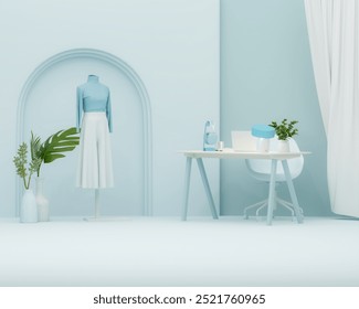 Blue monochrome minimal office table desk. Minimal idea concept for study desk, clock, plant pot and workspace. Mockup template, 3d rendering