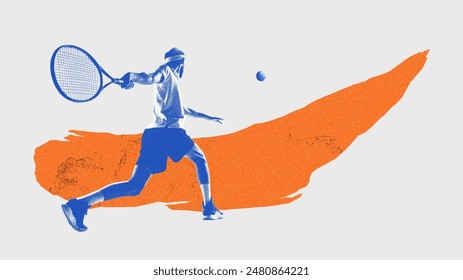 Blue monochrome silhouette of man, tennis player in motion, hitting ball with racket. Light background with orange element. Contemporary art collage. Concept of sport, active lifestyle, hobby - Powered by Shutterstock