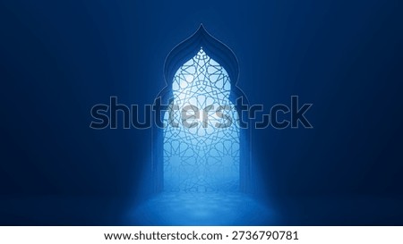 Blue moon light shine through the ornate window into Islamic mosque interior. Ramadan Kareem Islam background. Traditional holiday elegant 3d backdrop. 3D Illustration