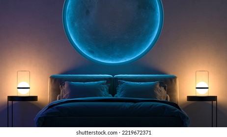 Blue Moon On The Wall In The Bedroom. Led Light Strip. 3D Illustration.