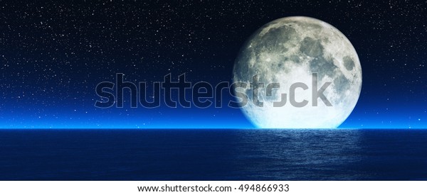 Blue moon with stars and haze\
reflections from wavy water. This is a 3d render\
illustration