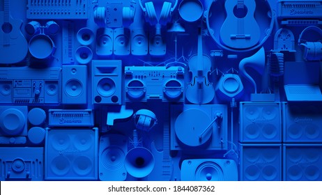 Blue Musical Instrument Collage Wall 3d Illustration