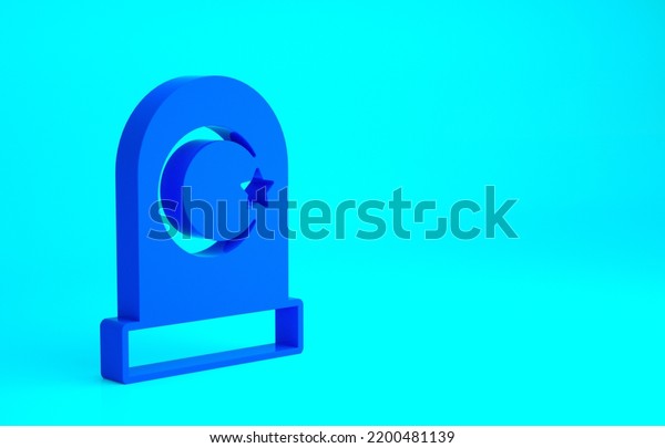 Blue Muslim cemetery icon isolated on blue\
background. Islamic gravestone. Minimalism concept. 3d illustration\
3D render.