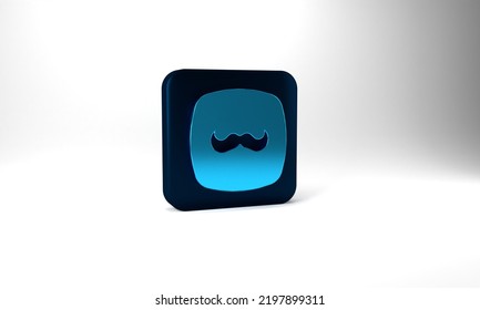 Blue Mustache Icon Isolated On Grey Background. Barbershop Symbol. Facial Hair Style. Blue Square Button. 3d Illustration 3D Render.