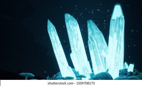 Blue Mystical Cave With The Magic Of Sparkling Crystals. 3D Rendering