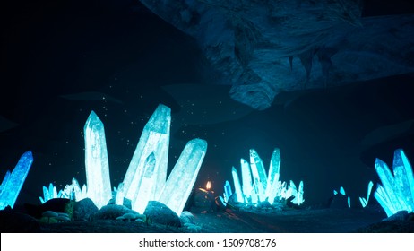 Blue Mystical Cave With The Magic Of Sparkling Crystals. 3D Rendering