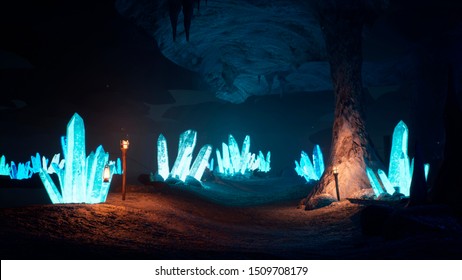 Blue Mystical Cave With The Magic Of Sparkling Crystals. 3D Rendering