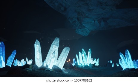 Blue Mystical Cave With The Magic Of Sparkling Crystals. 3D Rendering