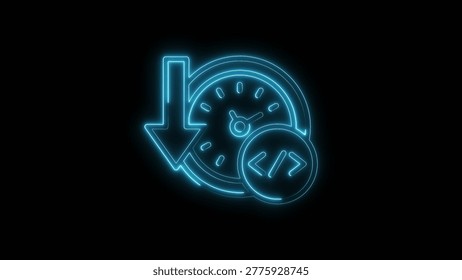 Blue neon clock icon with down arrow and code symbol time