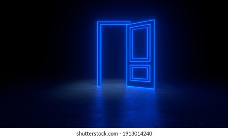 Blue Neon Door. 3d Render