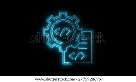 Blue neon gear and code document icon on black background technology cogwheel