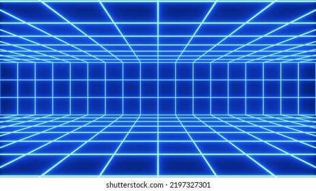 Blue Neon Grid In Retro Style Futuristic Background - 3D Rendering