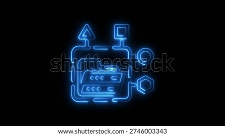 Blue neon lines form a flowchart icon with a folder and geometric shapes on black.