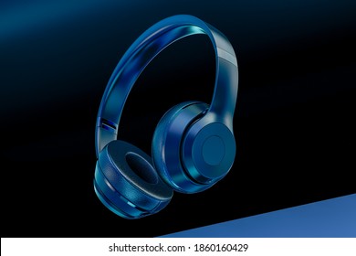 Blue Neon Music. Looking Up At Generic Music Headphones, Floating, Falling, Suspended, Isolated In A Blue And Black Studio Background. 3d Rendering.