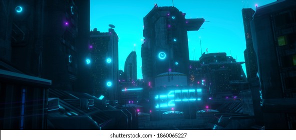 Blue Neon Night In A Cyberpunk City. Futuristic Cityscape Against Turquiose Sky. City Of A Future With Bright Neon Lights. Grunge Urban Wallpaper. 3D Illustration.