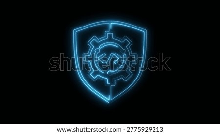 Blue neon shield with gear and code symbols on icon black background cogwheel