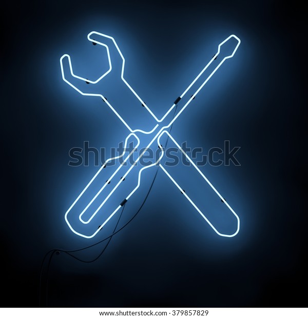 Blue neon sign shop auto and motorcycle\
spare parts on a black background.\
