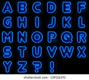 Blue neon signs with all letters of the alphabet