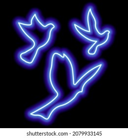 Blue Neon Silhouettes Of Three Birds Flying In The Sky On Black. Freedom, Flight, Upward Movement. Illustration