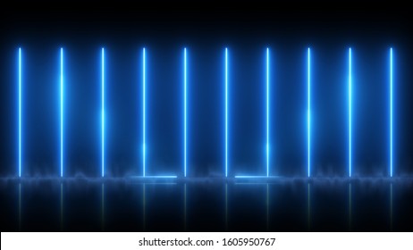 Blue Neon Vertical Glow Line. Graphic Reality Stage And Lighting For Product Show. Fluorescent Abstract Background. 