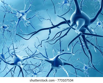 Blue Neurons On A Blue Background. Horizontal Image 3d Rendering.