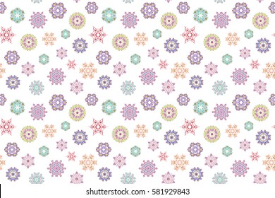 Blue, neutral and pink snowflakes on white background. Abstract minimal seamless pattern background.