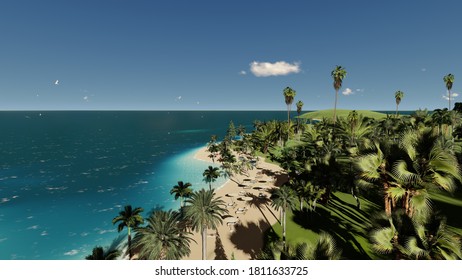 Blue Ocean Wood Sand Beach Nature Tropical Palms Dubai Beach Top View. Caribbean Sea And Sky. Small Wild Beach Chairs. Landscape Dubai. Palms Turquoise Sea Background Atlantic Ocean. 4K, 3d Rendering.