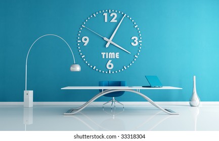 Blue Office Space With Big Wall Clock -rendering