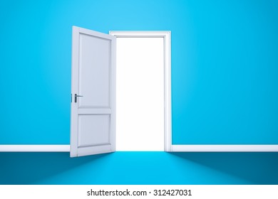 Blue Open Door with Light. Interior room entrance 3D render.