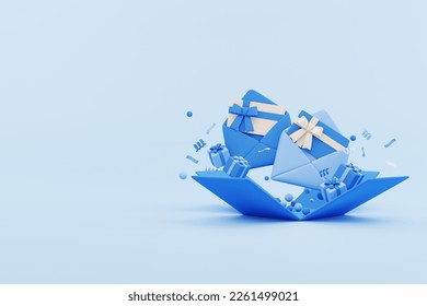 blue open gift box, open envelope with inviation, greeting, gift card with ribbon and bow and floating elements. sale and online shopping concept. 3d rendering with copy space - Powered by Shutterstock