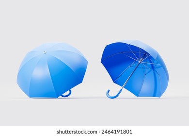 Blue open umbrella from different angles, light copy space empty background. Concept of insurance, health care and protection. 3D rendering illustration - Powered by Shutterstock