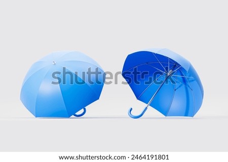Blue open umbrella from different angles, light copy space empty background. Concept of insurance, health care and protection. 3D rendering illustration