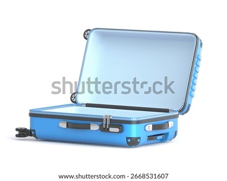 Blue opened empty suitcase Front view 3D rendering illustration isolated on white background