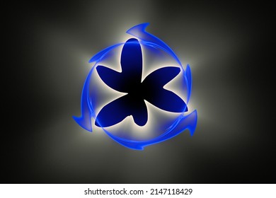 Blue Orange Floral Pattern With A Hole On A Black Background. Abstract Fractal 3D Rendering