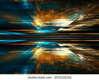 Blue and orange fractal perspective background - abstract 3d illustration. Chaos strokes and light effects. Science fiction or virtual reality concept.