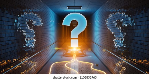 Blue and orange question marks digital hologram in underground 3D rendering