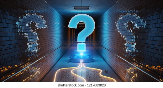 Blue and orange question marks digital hologram in underground 3D rendering