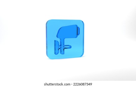 Blue Outboard Boat Motor Icon Isolated On Grey Background. Boat Engine. Glass Square Button. 3d Illustration 3D Render.