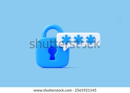 A blue padlock with a speech bubble showing password asterisks on a light blue background, symbolizing digital security and access. 3D render illustration