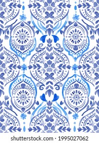 Blue Pattern Abstract Beautiful Mediterranian Splash Ceramic Tile Italian  Painting Texture Decoration On White Background