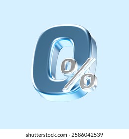 Blue percent font number or 0% isolated over background. 3D rendering