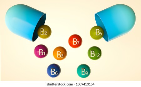 Blue pill or capsule falling breaks out with vitamin B,  B1, B2, B3, B5, B6, B7, B9, B12 - Illustration 3d rendering