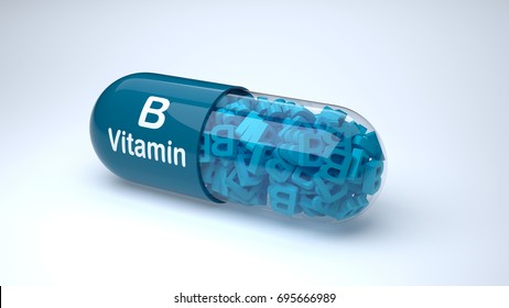 Blue pill or capsule filled with vitamin B. 3D Render.