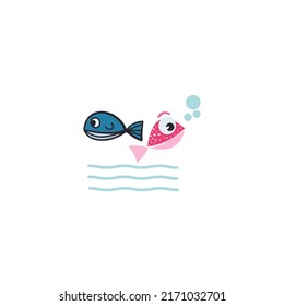 Blue And Pink Color Cute  Fish With Water Illustration On White Background .