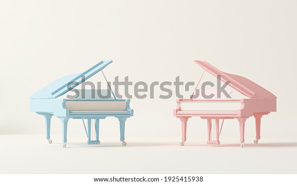 Blue and pink grand piano on pastel\
background. Minimal idea, couple concept. Trendy 3d rendering for\
social media banners, promotion, stage show,\
studio.