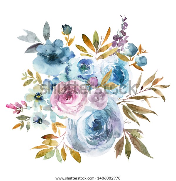 Blue Pink Ochre Watercolor Floral Arrangement Stock Illustration ...