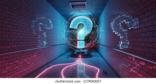 Blue and pink question marks digital hologram in underground 3D rendering