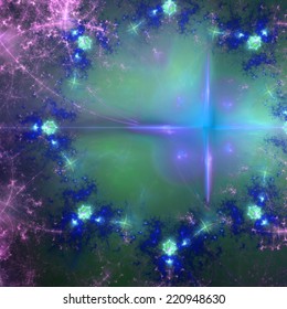 Blue, pink and teal abstract fractal star field background with a twisted large star on the right and decorative fractal star pattern surrounding it
