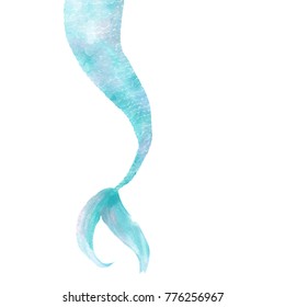 Blue And Pink Watercolor Hand Drawn Mermaid Tail Isolated At White Background.