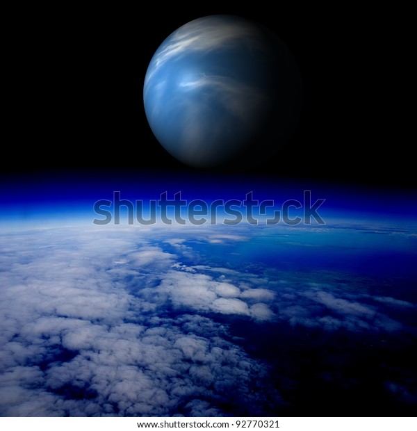 Blue planet\
above the Earth\'s surface. Are there other planets like Earth?\
Combination of photo and 3D\
render.